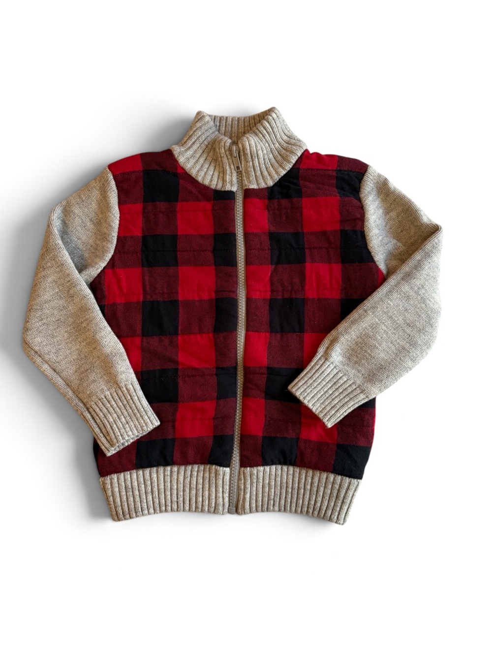 Kids Cat & Jack Grey with Red & Black Buffalo Plaid Zip-Up Sweater Size 5T